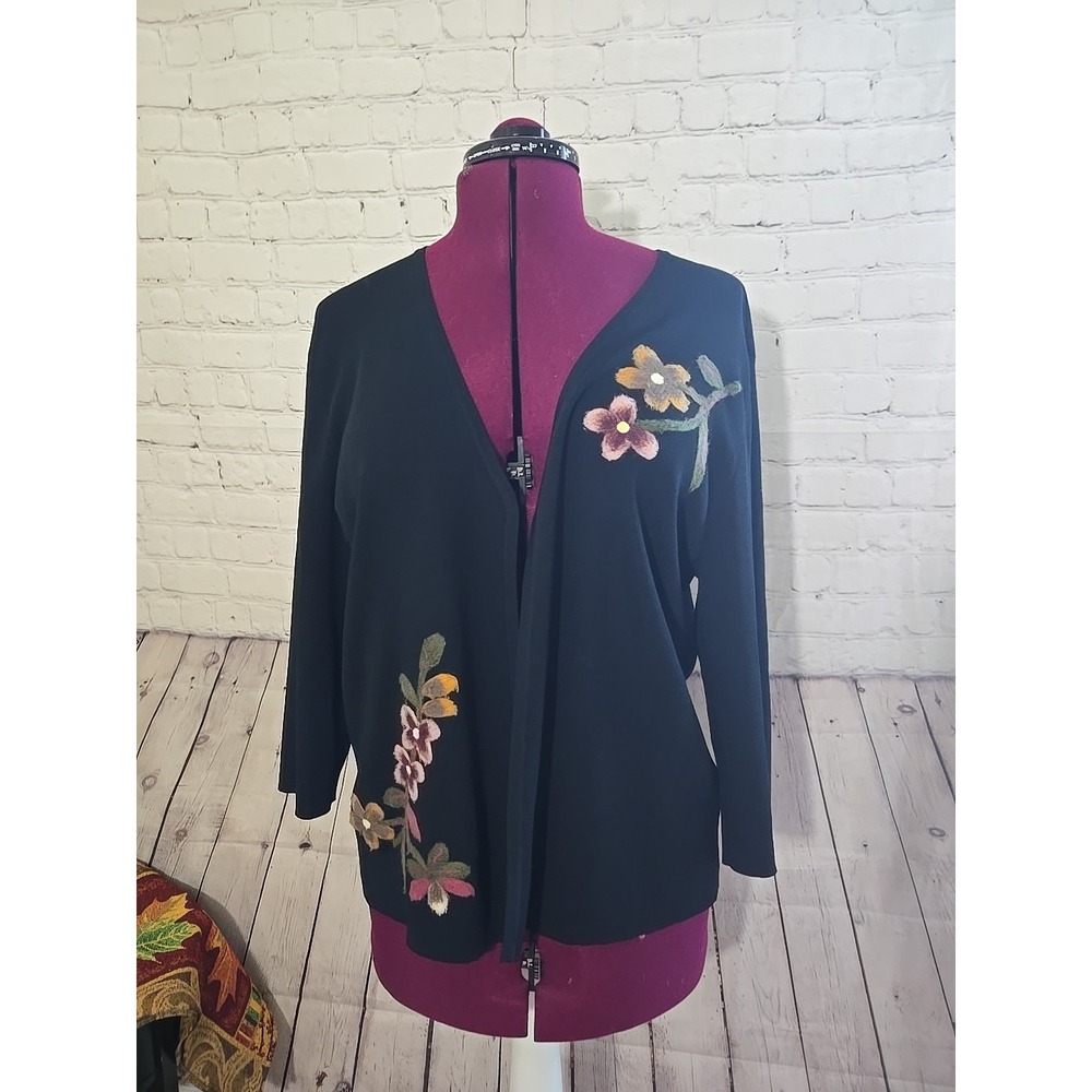 Dressbarn Open Front Wool Felt  floral Cardigan Sz 2X Dark CottageCore Whimsical